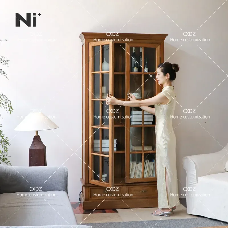 American Solid Wood Bookcase Living Room Glass Door Display Cabinet Antique Nanyang Retro Storage Cabinet Locker