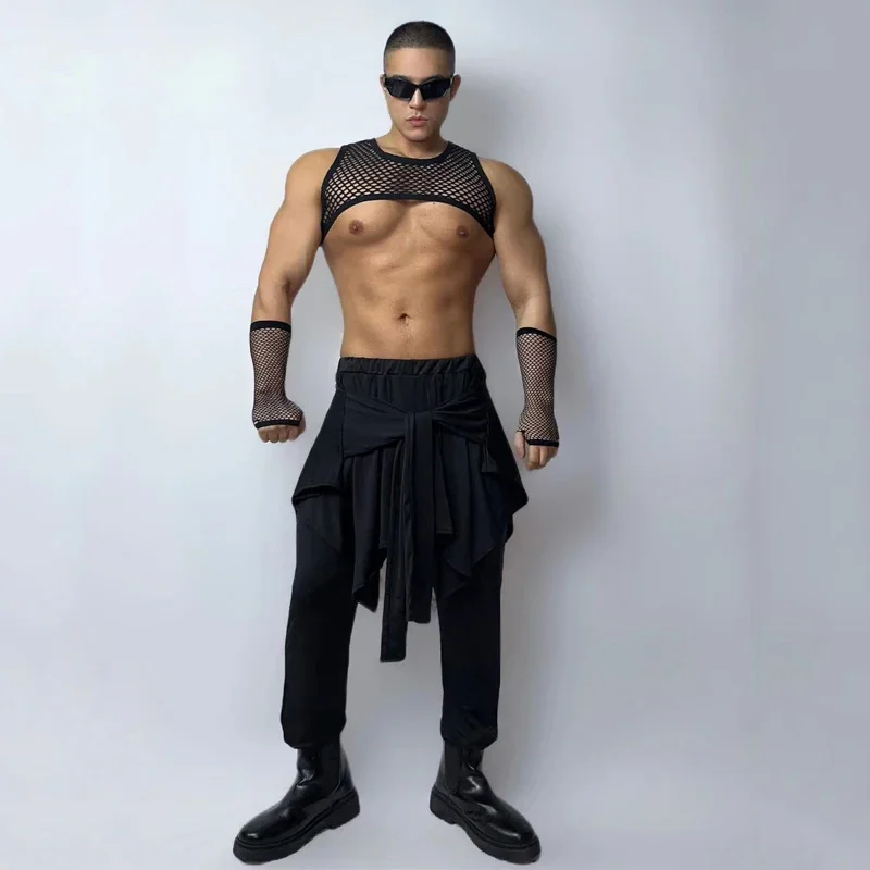 Bar Nightclub Dj Ds Gogo Costume Men Black Mesh Top Jazz Pants Sexy Muscle Man Pole Dance Clothing Stage Rave Outfit XS6480