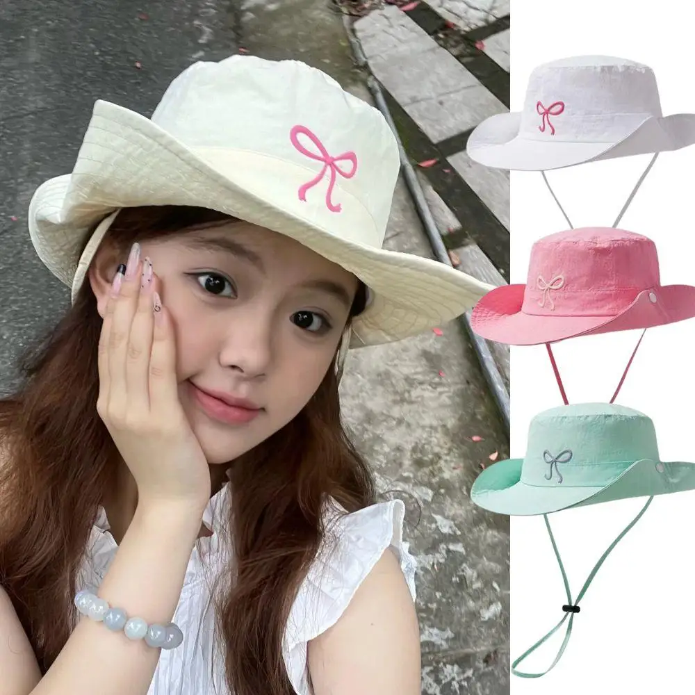 

Fashion Quick Dry Bucket Hat Wide Brim Fordable Embroidery Bow Summer Anti-UV Cap Candy Color Sunshade Basin Hat Korean Ins Blog