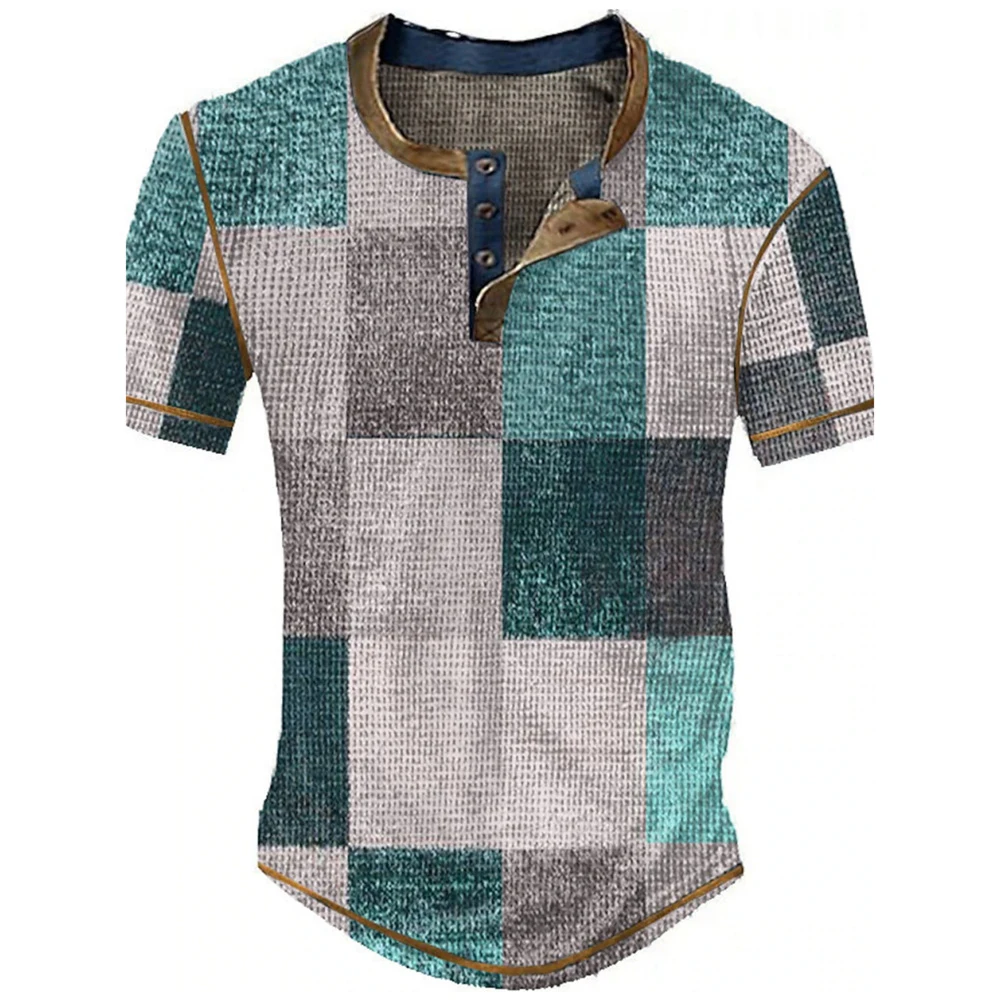 Farbblock-Patchwork Grafik 3D-Druck Henley-Shirts Herren Vintage Mode Übergroße Kurzarm T-Shirts Männer Oberteile Kleidung – Detail 11