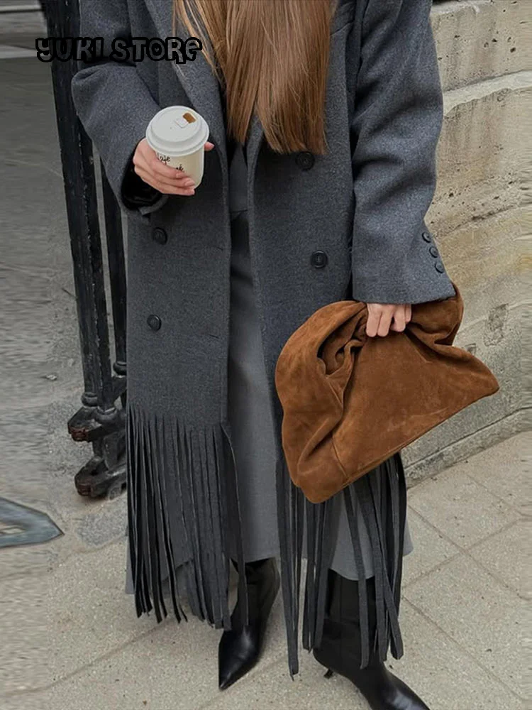 

Elegant Tassel Wool Lapel Long Coat Women Casual Loose Double Breaster Full Sleeve Outwear 2025 Autumn Fashion Lady Streetwear