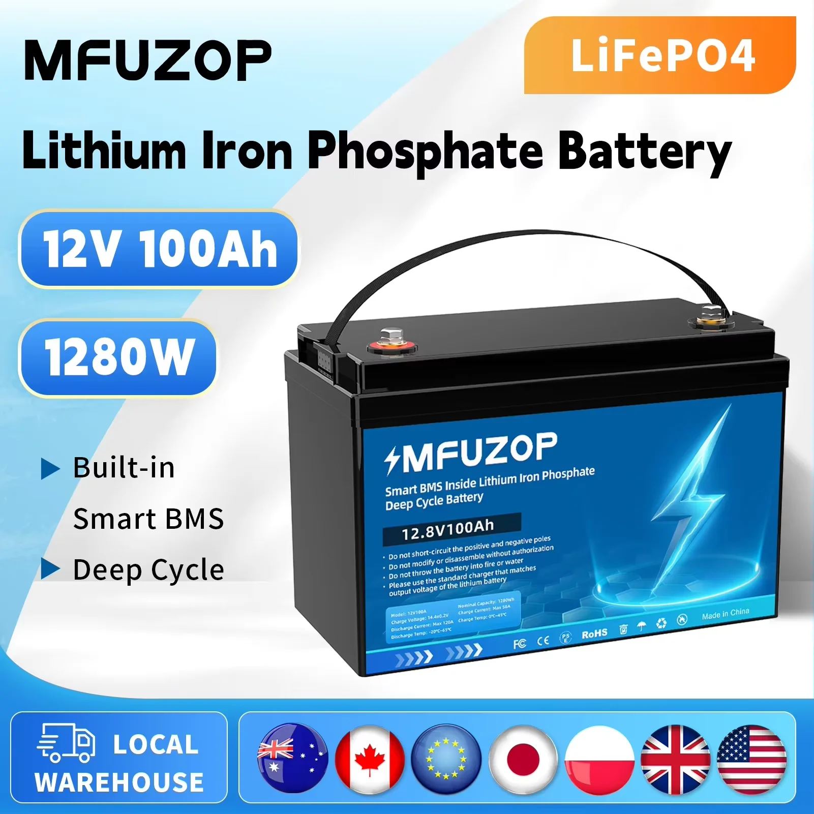 

MFUZOP 12V 100Ah LiFePO4 Battery Portable Rechargeable Built-in Intelligent BMS System Deep Cycle 10000+ for RV Solar No VAT
