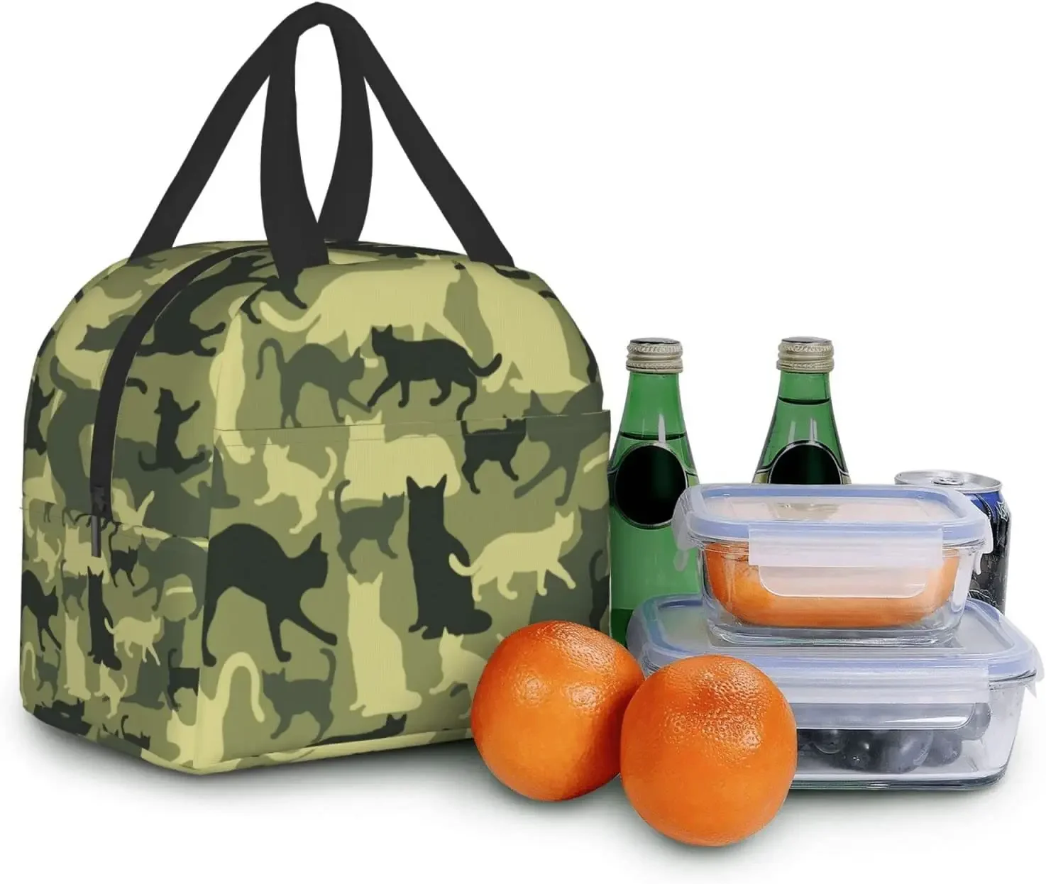 

Cat Camouflage Military Green Tote Bag with Front Pocket for Travel Work Picnic