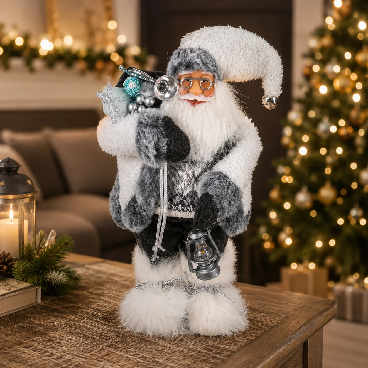 Christmas Santa Claus Figurine 30cm, Elegant Black White Santa Statue with Silver Lantern Trumpet Gift Sack for Xmas Home Decor