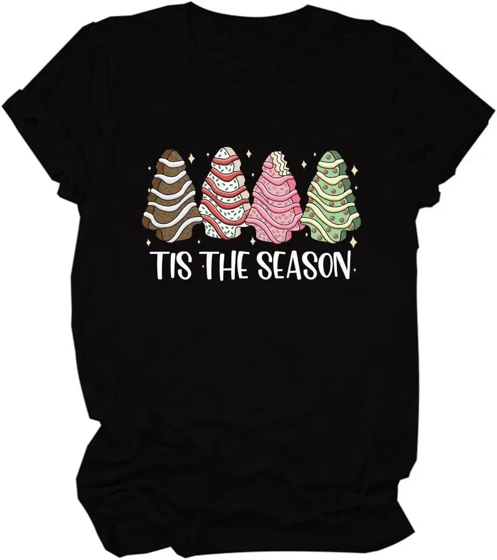 Tis The Season Christmas Tree Cake T-Shirt Women's Christmas Cake Print Short Sleeve Top