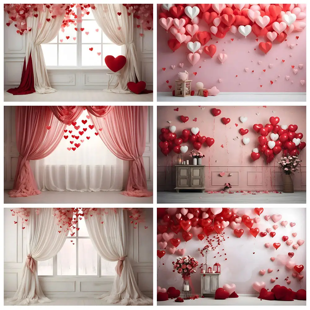 

Valentine's Day Photography Backdrop Rose Wall White Window Love Heart Balloons Background Bridal Shower Wedding Party Decor