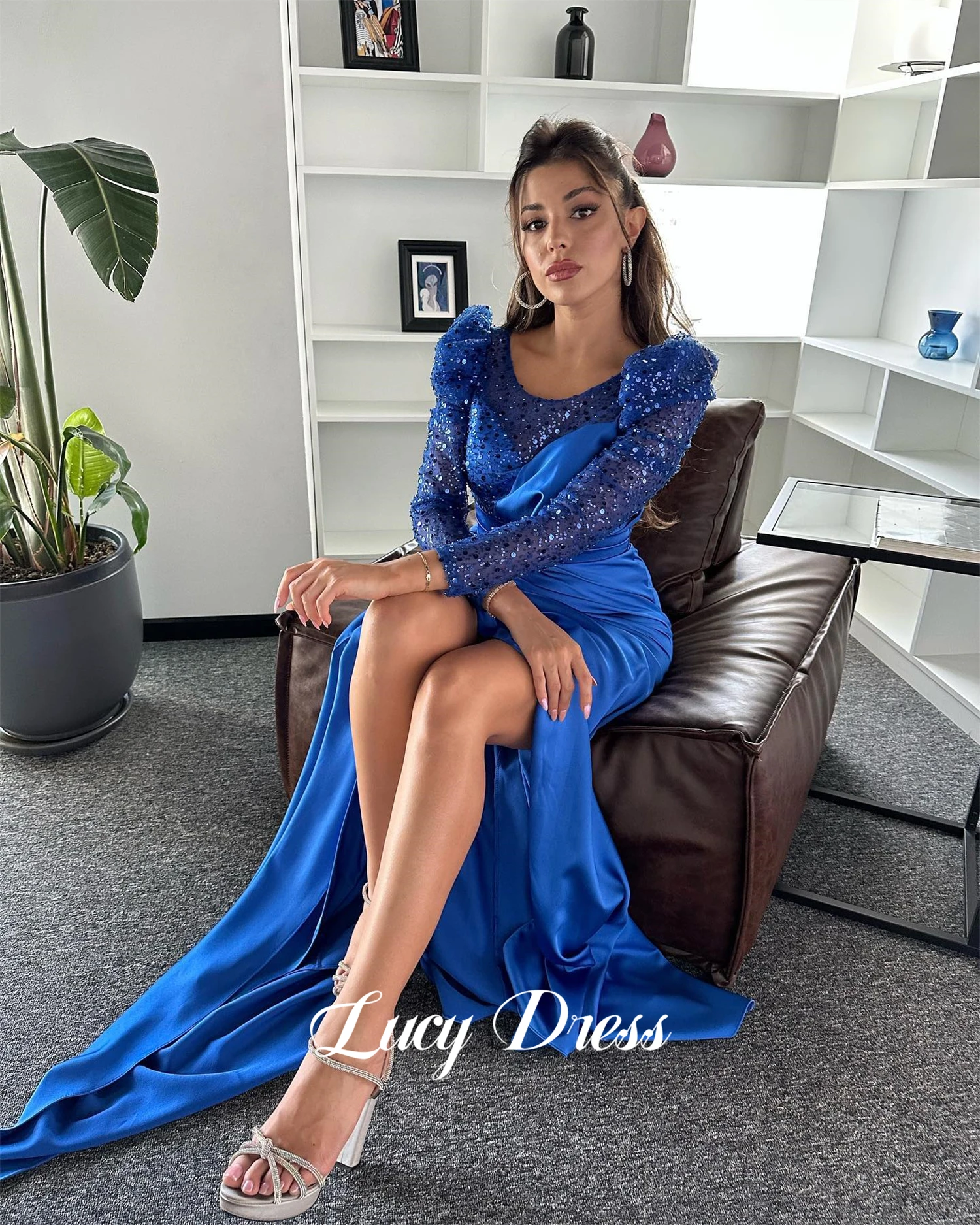 

Lucy Mermaid Blue Party Dress Bead Embroidery Fabric Satin Long Sleeves Grace Evening Cocktail Dresses for Women Elegant Woman