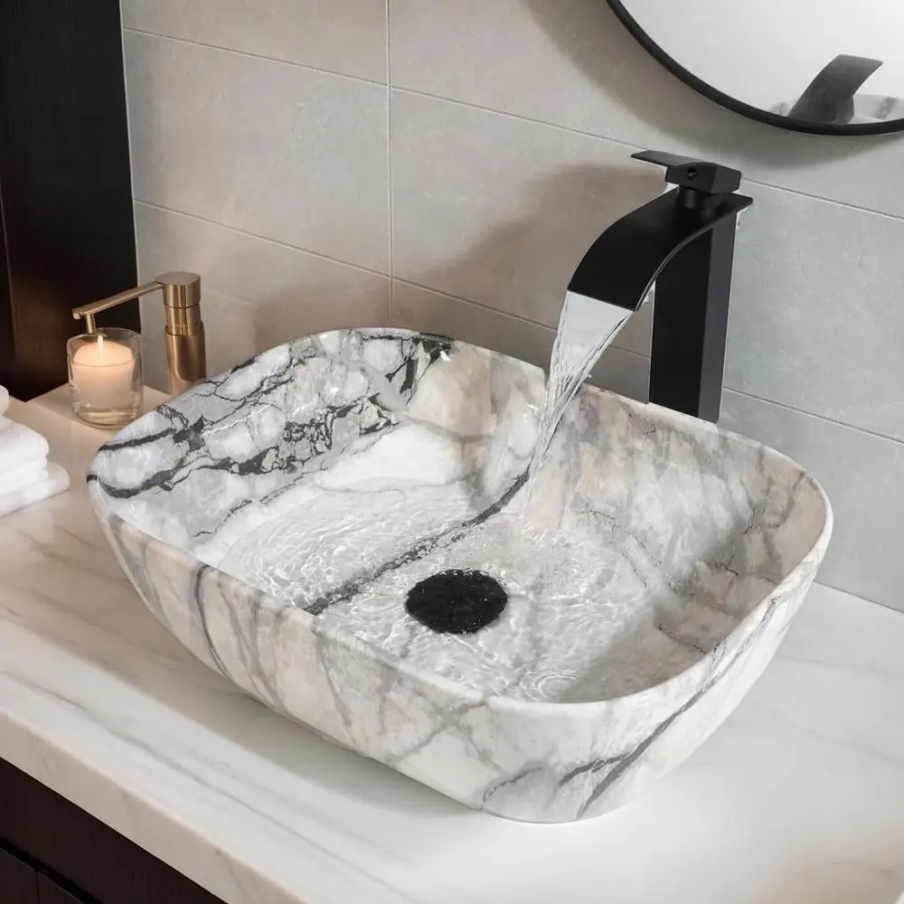 

Rectangular White Marbled Vessel Sink with Waterfall Faucet, Pop-up Drain for Modern Bathroom