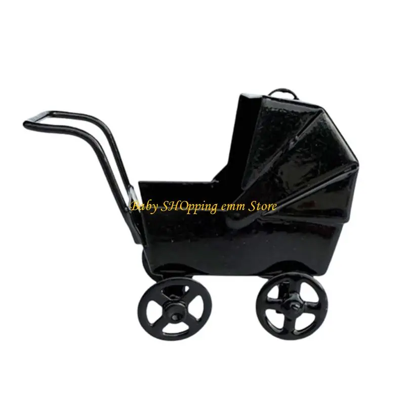 23GD Preto Pram 1:12 Modelo Realista Mini Berço Decorativo Pretend Play Toy