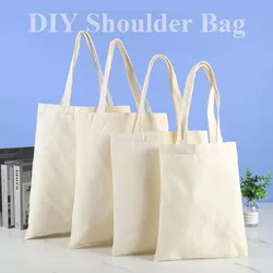 Large Capacity Canvas Shoulder Handbag Folding Eco-Friendly Cotton Tote Bags Reusable DIY Shoulder Bag Grocery Bag Beige White