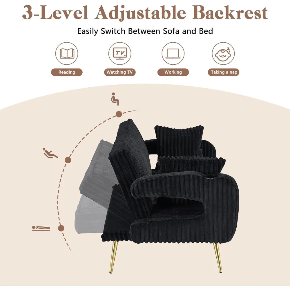 أريكة سرير قصيرة قابلة للتعديل بثلاثة أوضاع، أريكة نوم مقاس 74 بوصة مع وسائد، أثاث غرفة معيشة بسيط للمساحات الصغيرة
