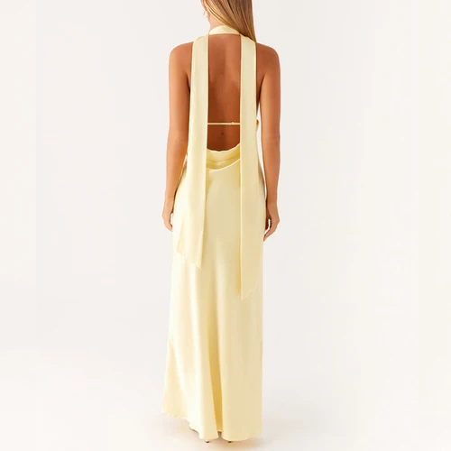 Imagen 2 del producto Maemukilabe Vestido largo sexy sin mangas con estampado de corte bajo Boho Halter Neck Slim Fit Vestido largo fluido Sin espalda Floral Ropa de playa de verano