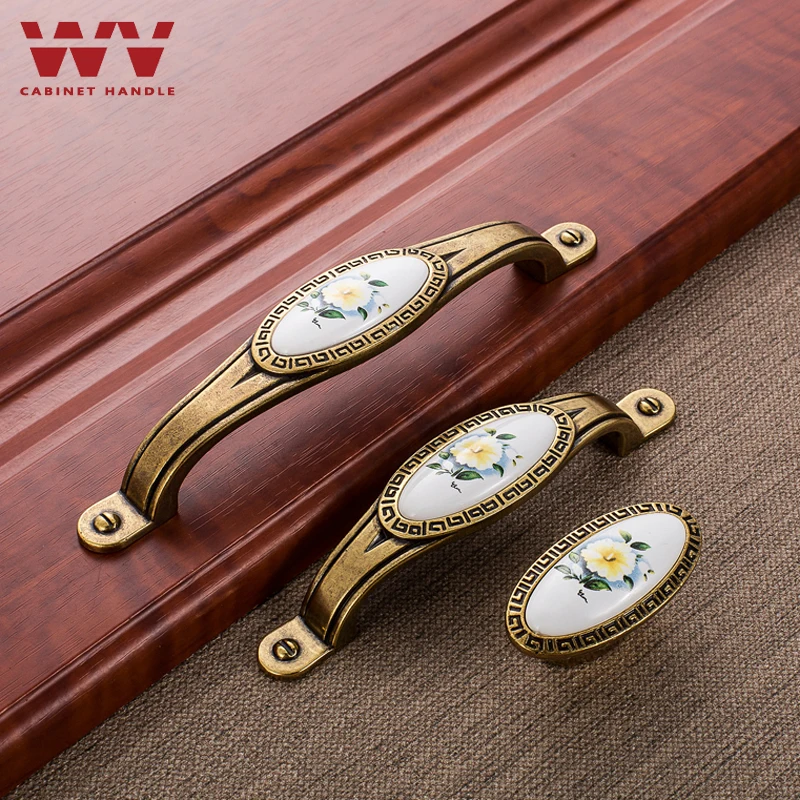 YM Green Flower Ceramic Handles Kitchen Cabinet Storage Dressers European Classic Wardrobe Cabinet Single Hole Closet Door Pulls
