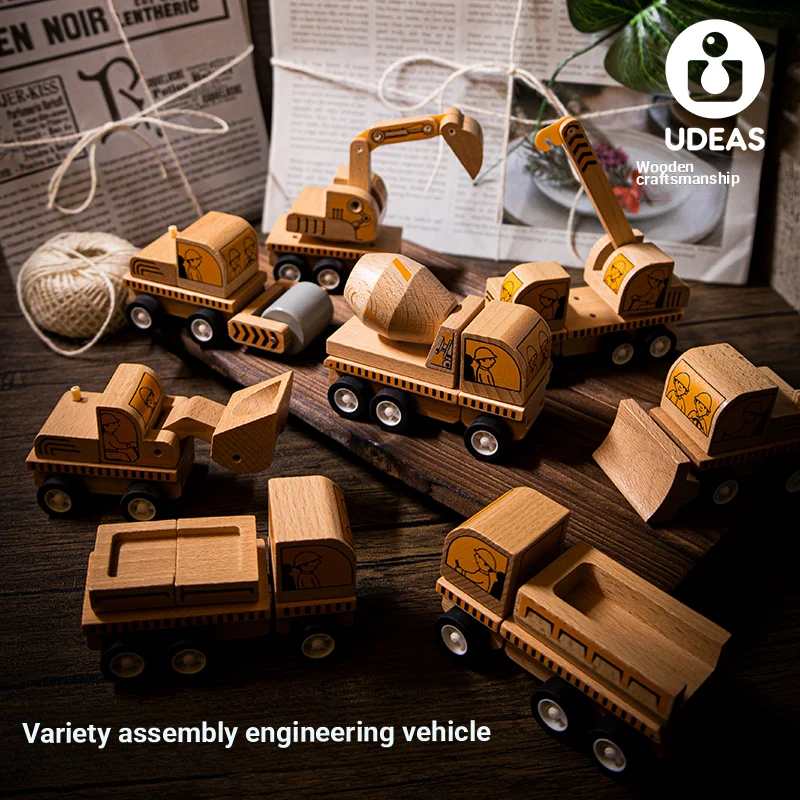 Educatieve houten bouwvoertuig speelgoedset voor kinderen DIY-montage traagheidsvrachtwagen graafmachine mixer roller dumper