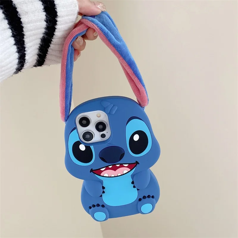 Bandai 3D Silicone Cartoon Phone Case Stitch For iPhone 14 13 12 11 15 16Pro Max Fluffy Fur Plush Ear Stitch Cover Men Kids Gift