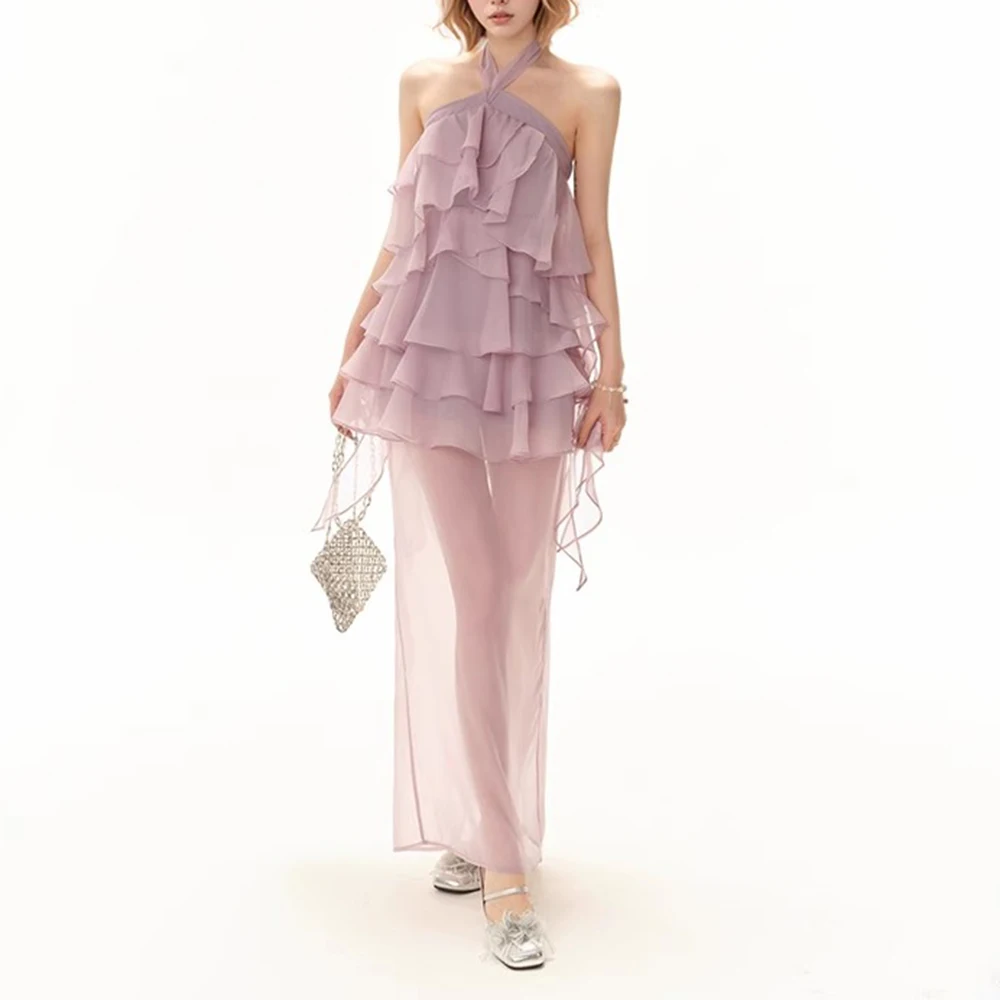 TWOTWINSTYLE Loose Sheer Spliced Ruffles Folds Elegant Dresses for Women Halter Neck Sleeveless Backless Dress Female Clothing