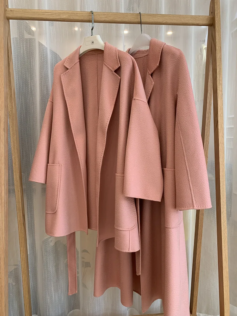 RosEvans Winter 100% Wool Coat Women Mid-length Wool Coat Jackets Water Ripples New Autumn Camel Coat Commuting