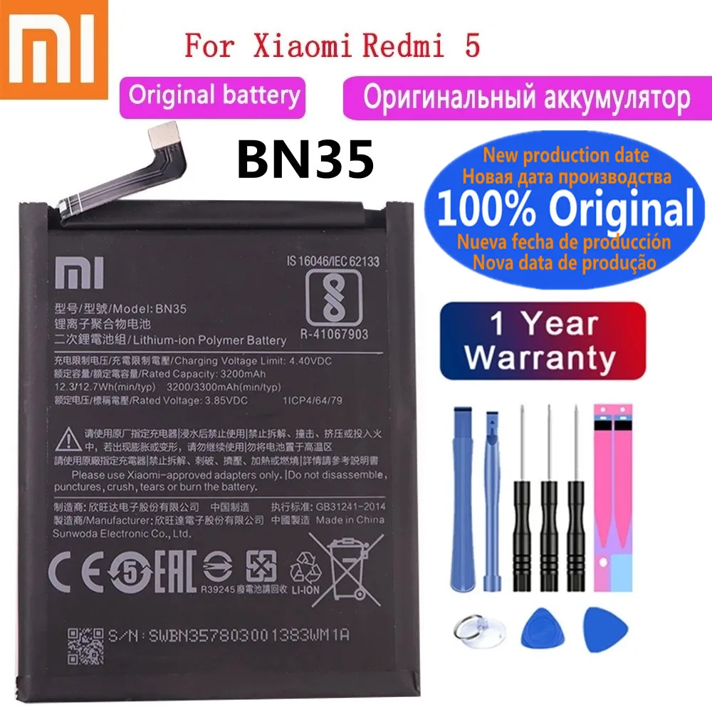 

Xiao Mi Original Phone Battery BN35 For Xiaomi Redmi 5 Redmi5 High Quality 3300mAh Phone Replacement Batteries Bateria + Tools