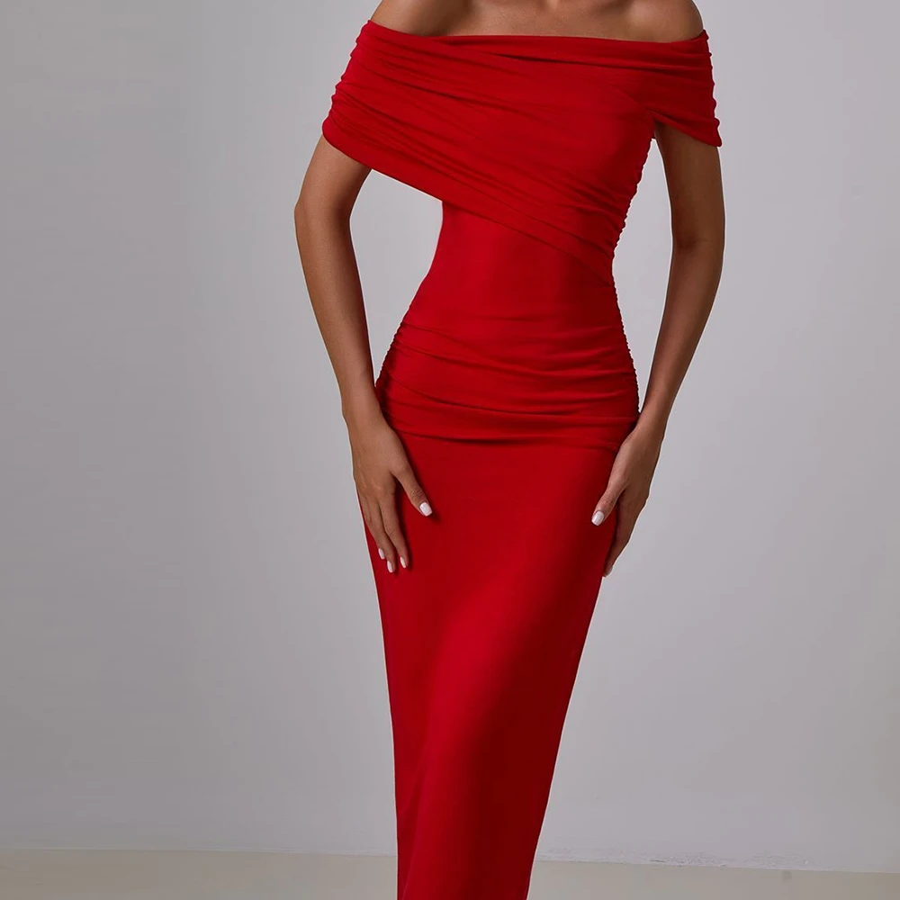 

Straight Tea Length Off the Shoulder Jersey Short Sleeves Elegant and Temperament Evening Dresses Pleats Saudi Arabia 2024