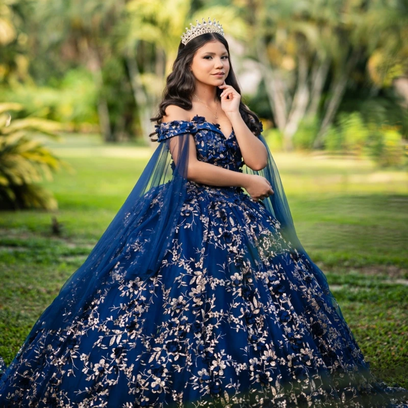 

Navy Blue Shiny Quinceanera Dresses Off Shoulder Ball Gown Sweet 16 Dress Applique Flower Beading Crystal Birthday Party Vestido