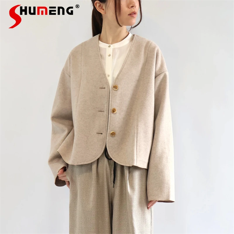 

Осень-зима 2022, новая женская короткая куртка-кардиган, женская свободная утягивающая модная универсальная шерстяная куртка, женская куртка с v-образным вырезом