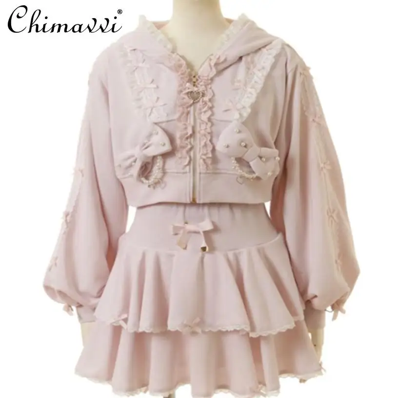 Lolita Skirt Sets Japanese Liz Sweet Girls Pearl Beaded Bow Hooded Short Zipper Coat with Skirt 2 Piece Set Women Hoodie Outfits