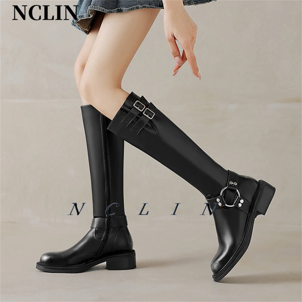 NCLIN 2024 Women Genuine Leather Knee High Boots Buckles Punk Warm Autumn Winter Shoes Woman Slim Long Motorcycle Boots Shoes