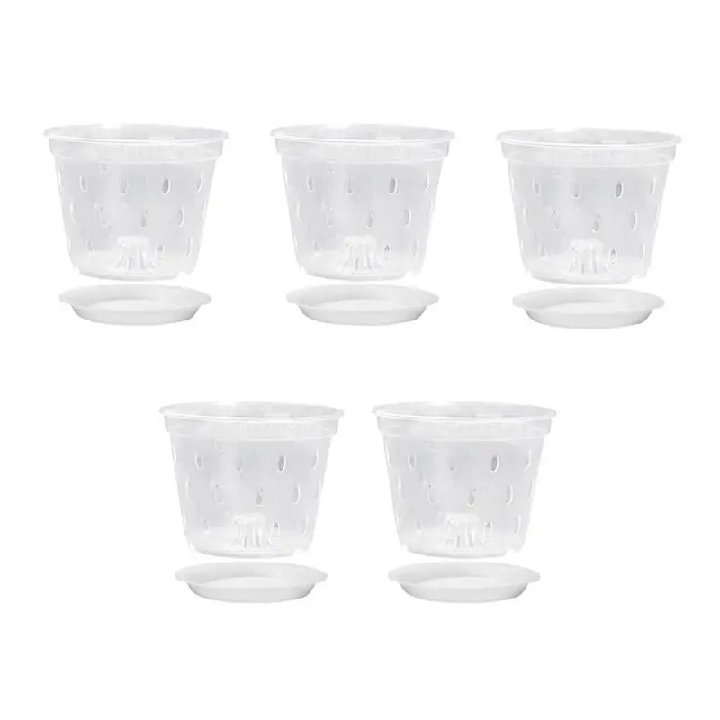 AC88-7 Inch- 5 Pots And Saucers Orchid Pots With Holes Clear Plastic Orchid Pots For Repotting