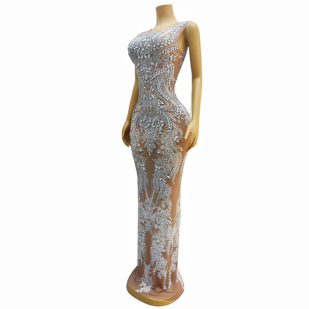 Vestido transparente sin mangas con diamantes de imitación brillantes para mujer, vestidos de actuación de cumpleaños, fiesta de noche, disfraces de actuación en escenario