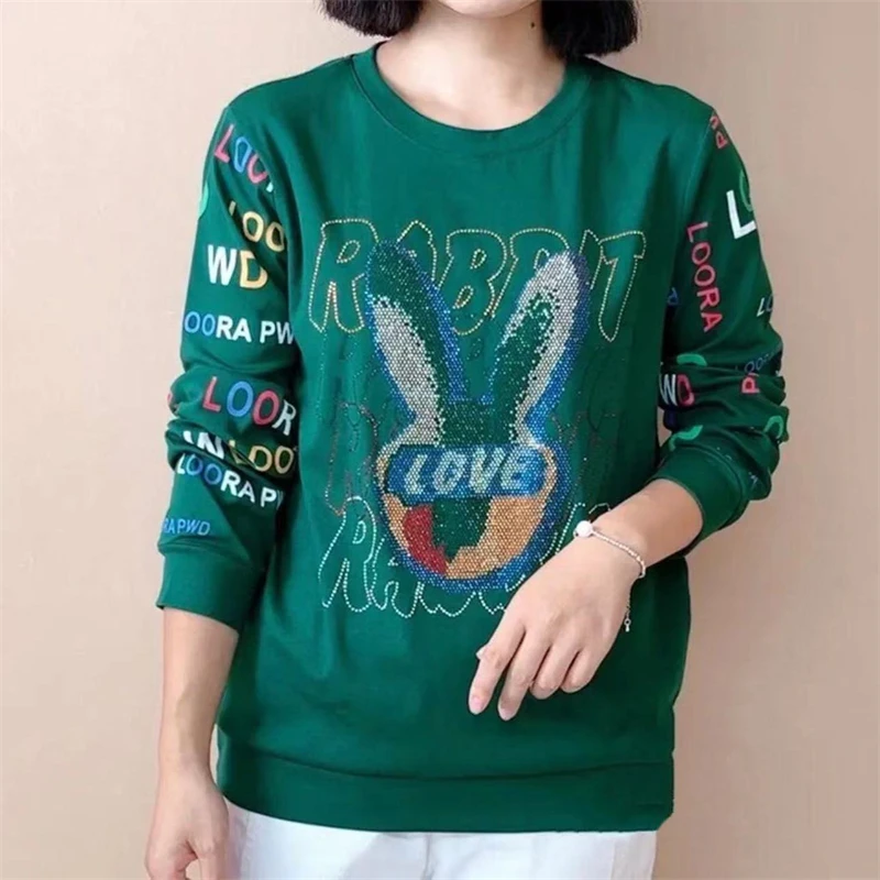 Women\'s Korean Fashion Letter Print Rhinestone Rabbit All Match Sweatshirt Autumn Casual O Neck Long Sleeve Loose Pullover Tops