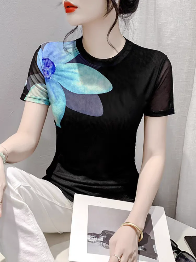 European Summer T Shirts Women Fashion Print Positioning Flower Short Sleeved Round Neck Slim Fit Tops Girl Trend T-shirt