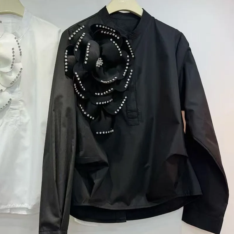 

Heavy Craft Rhinestone 2025 Autumn New French Chic Exquisite High-End Top Design Sense Niche Three-Dimensional Flower Shirt