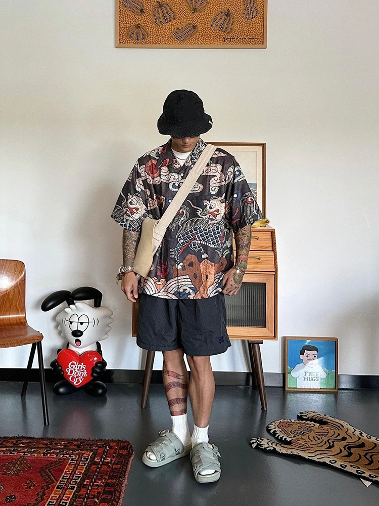 

Hawaii irt Thunder God Hong Kong Trend Loose Fit ort Sve Cuba Collar Men's irt All Seasons Regular Thin