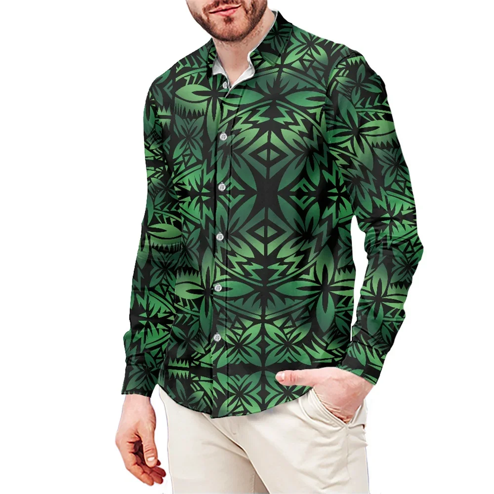 

Factory Outlet Long Sleeve Buttons Up Shirt Polynesian Tribal Traditional Fabric Green Tapa Floral Printed Men's Shirts Special