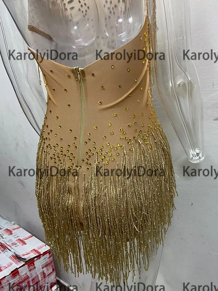 Sparkly Gold Tassel Rhinestones Glisten Beads Bodysuit Bar Dj Singer Dancer One-Piece Outfit Costume Stage Performance Leotard