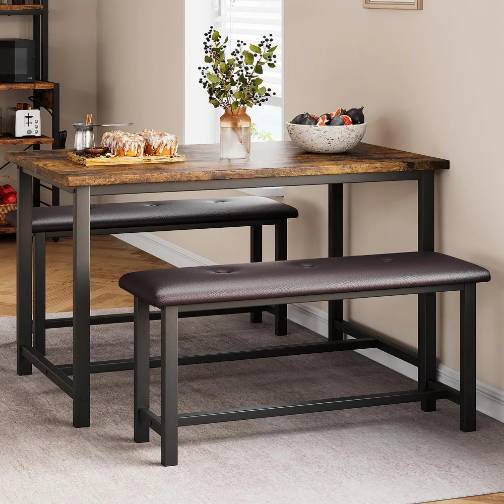 

Kitchen Table with Benches, Dining Table Set for 4, Rectangular Dining Room Table Set with 2 Upholstered Benches, 3 Piece Kitche