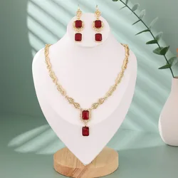 Moroccan Style Necklace Earring Set Luxury Shiny Red Green Crystal Square Pendant Neck Chian Statement Jewelry