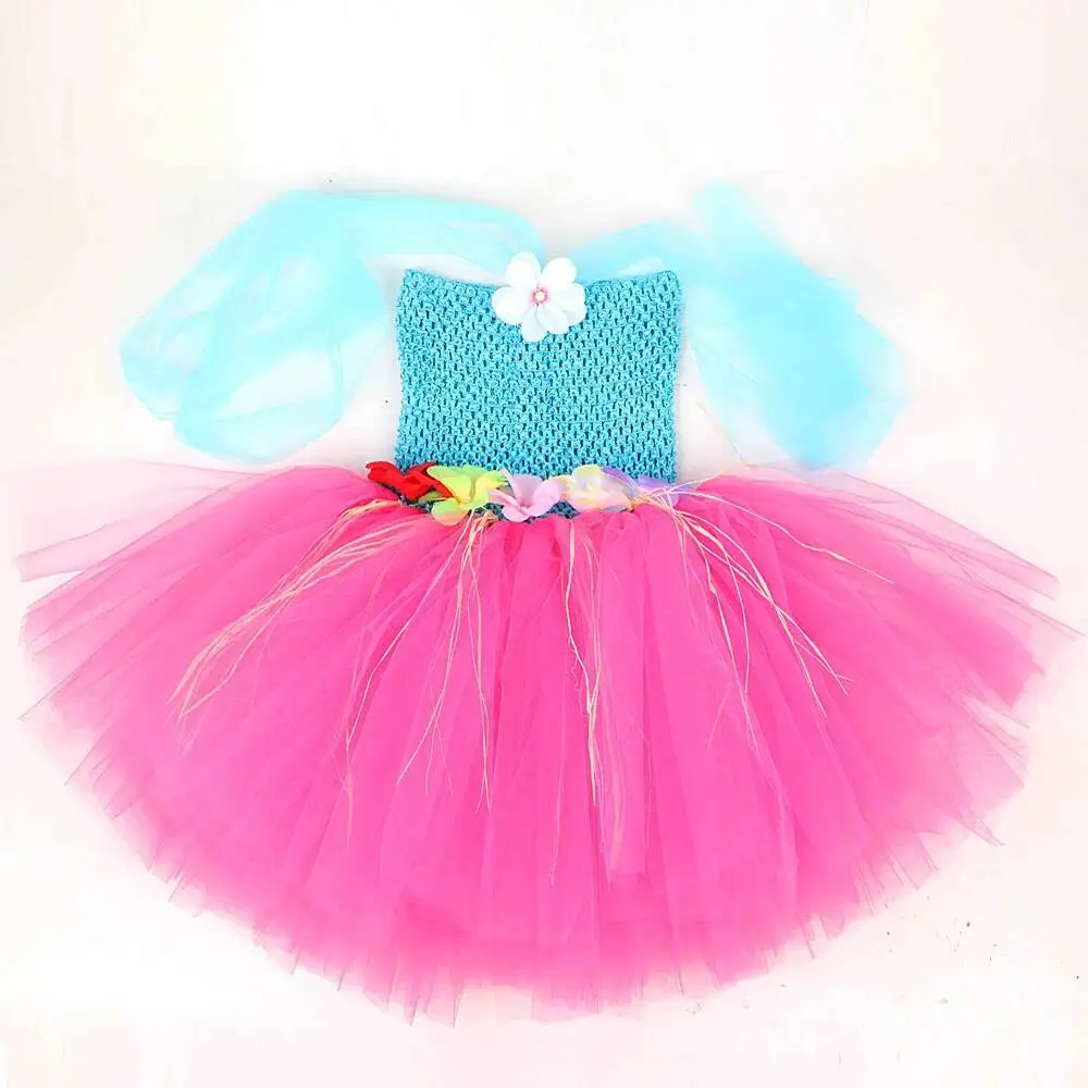 Flowers Hawaii Grass Costumes for Girls Hula Party Ballet Tutus Dresses for Kids Luau Dance Princess Outfit with Garland Ring view 5