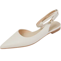 Women Sandals Genuine Leather Slingbacks Closed Pointed Toe New 2025 Summer Apricot Beige Flat Shoes Buckle Ankle Strap Ladies
