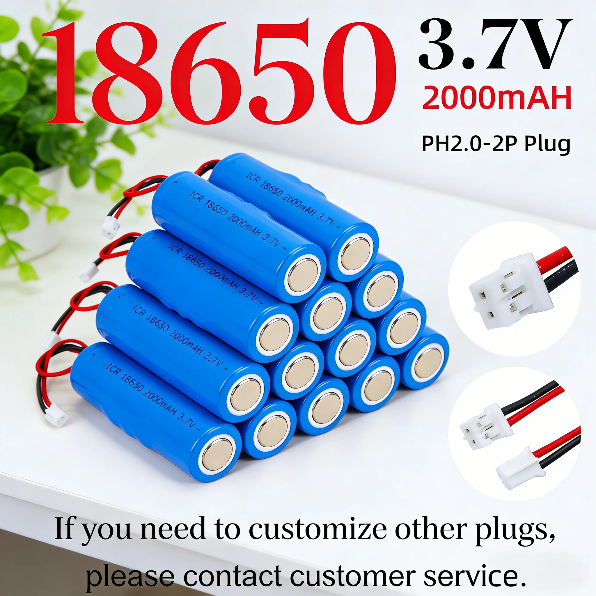 

Lithium Battery 18650 2000mAh 3.7V Rechargeable Li-ion with PCB PH2.0-2P Plug for LED Fishing Light Headlamp Flashlight