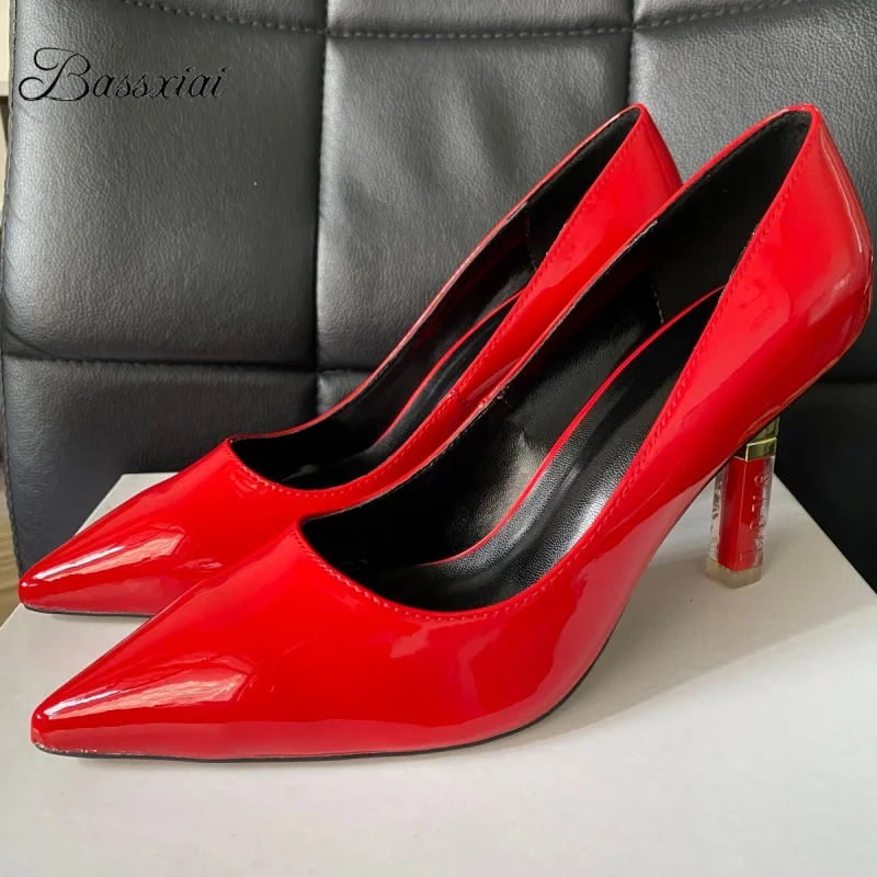 

Luxury Patent Leather Pointed Toe Women Pumps Individual Lip-Stick Strange Heel Slip-On Outwear Party Shoes