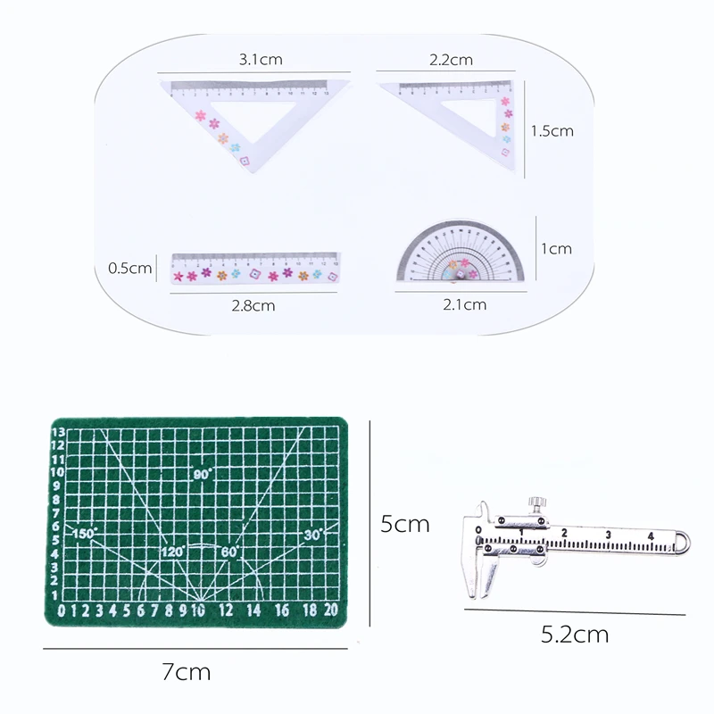 6Pcs/Set Dollhouse Miniature Metal Vernier Caliper Non-woven Digital Cutting Mat Board Plastic Ruler Simulation School Supplies