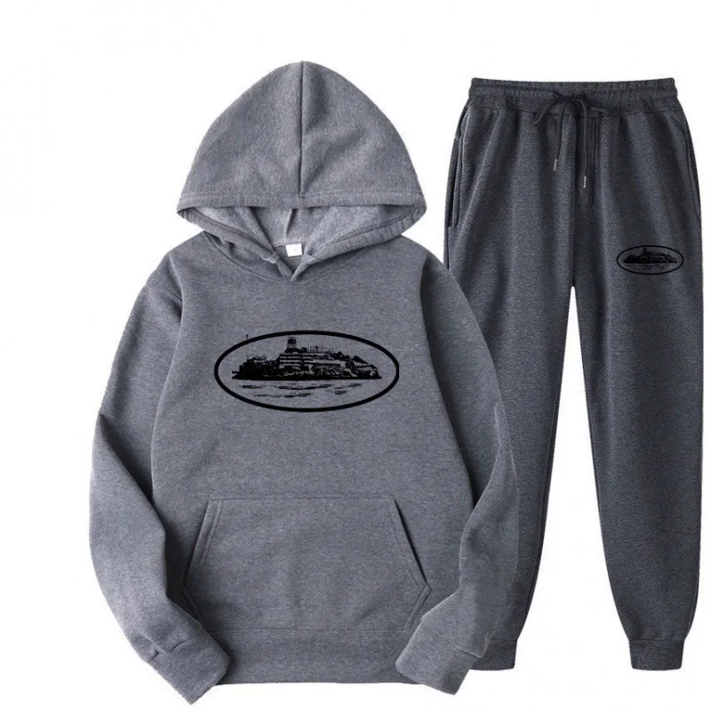 IslandBuildingGraphicPrint Women and men Hooded Sweatshirt Set Casual Pullover Hooded Sportswear Running Pants Street Sportswear - view 3