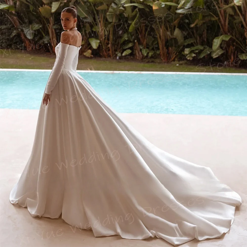 Simple Satin A Line Wedding Dresses Women Sexy Off The Shoulder Bride Gowns Boat Neck Long Sleeve Customized Vestido De Novia