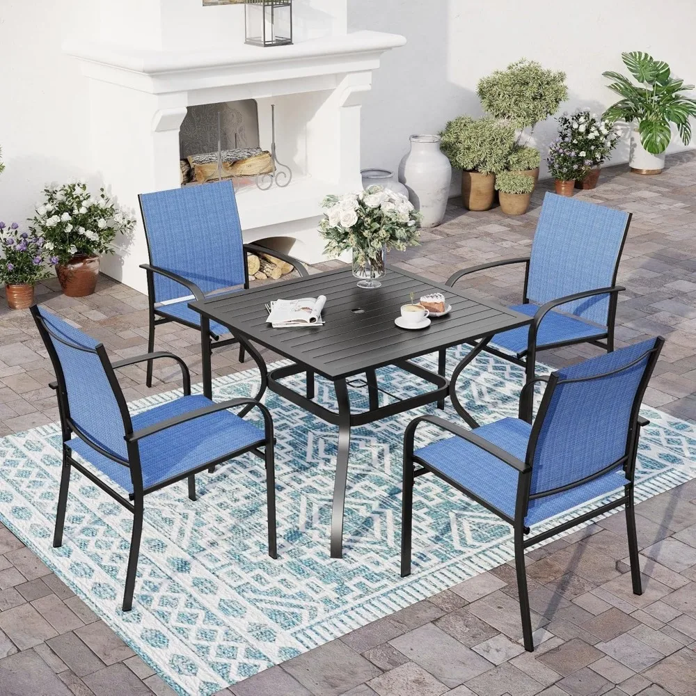 

5 Piece Patio Dining Set for 4, 37”x37” Square Table with Umbrella Hole and 4 Metal Chairs, Outdoor Table and Chairs Set