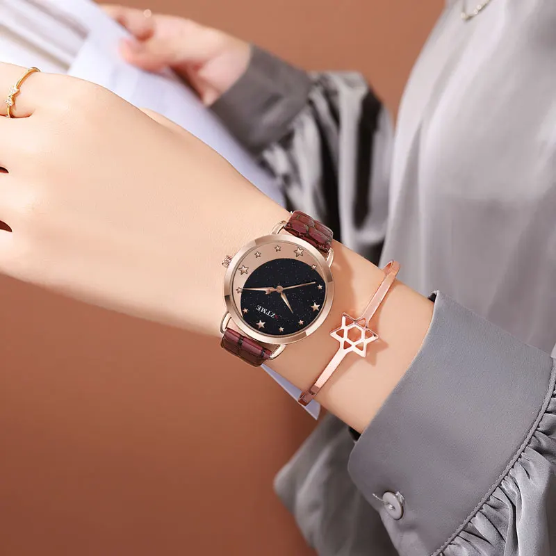ساعة نسائية بحزام جلدي ، سماء القمر المرصعة بالنجم ، ساعة كوارتز ترفيهية لطيفة ، طراز الكلية ، الموضة العصرية #4