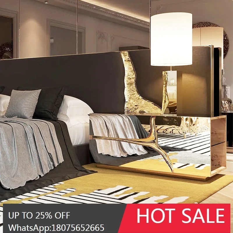 MJY Light Luxury Solid Wood Bedside Cabinet Luxury Home Stainless Steel Storage Cabinet