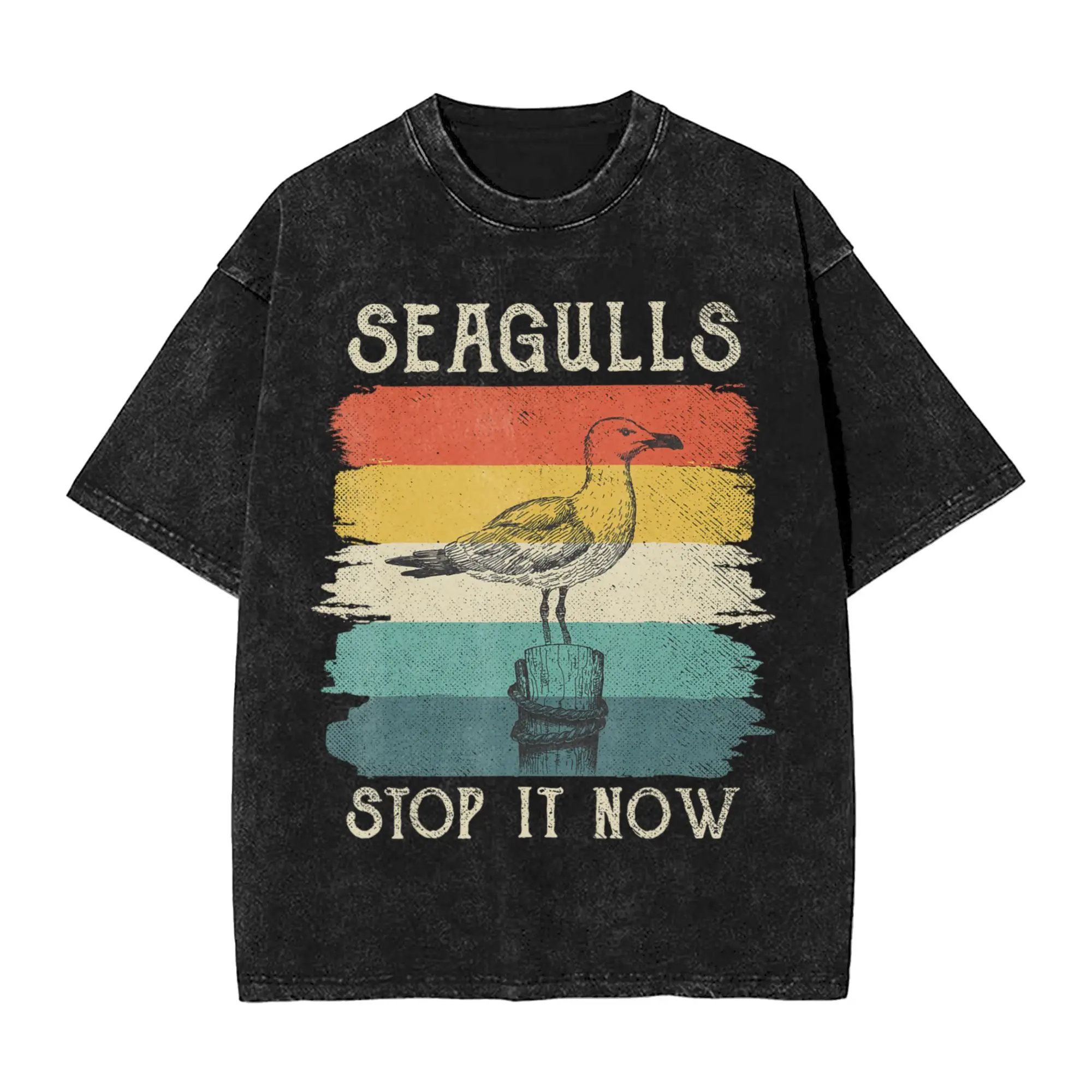 Seagulls Stop It Now Bird Lover 80s Retro Funny Seagull  Washed T Shirt Streetwear Hip Hop Vintage T-Shirts  Tees Tops Men Women