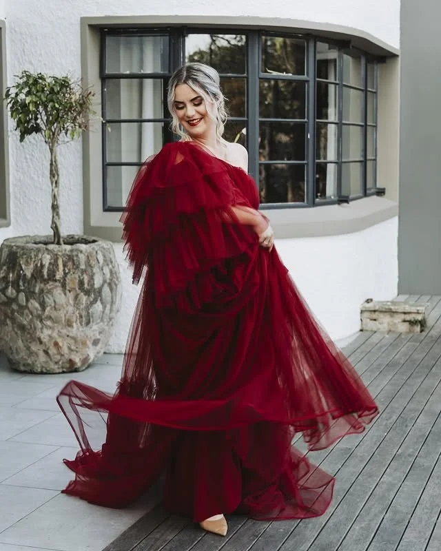 Vestido De fiesta De un hombro color Burdeos, tul hinchado con gradas, vestidos De noche De línea A, vestido De fiesta Formal para niñas, bata De velada