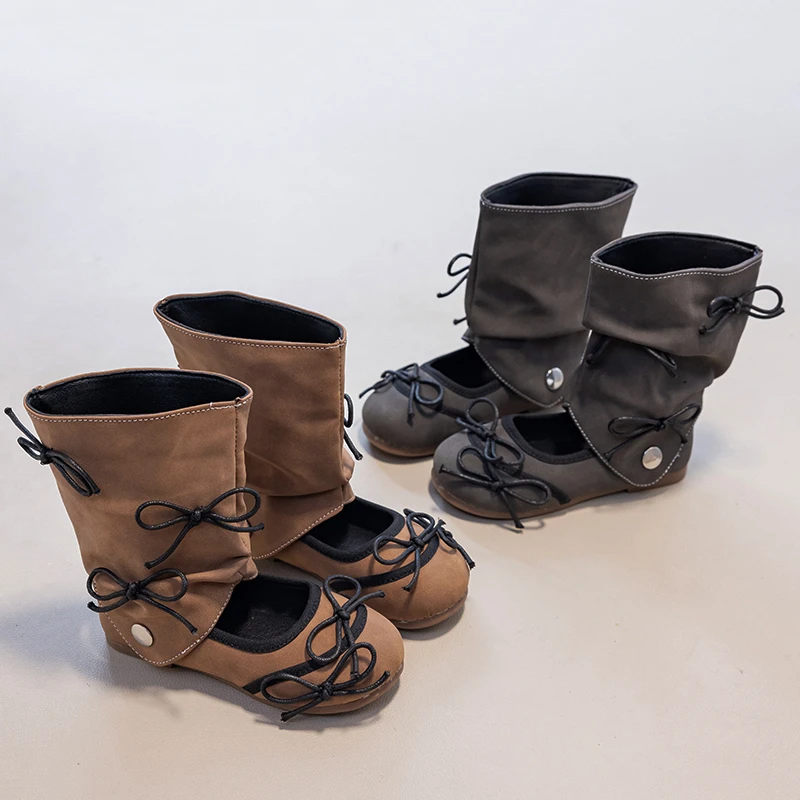 Little Girls Retro Tall Boots, Multi Bow Decor Slouchy High Boots, Soft Non Slip Sole Kids Footwear for Daily Party